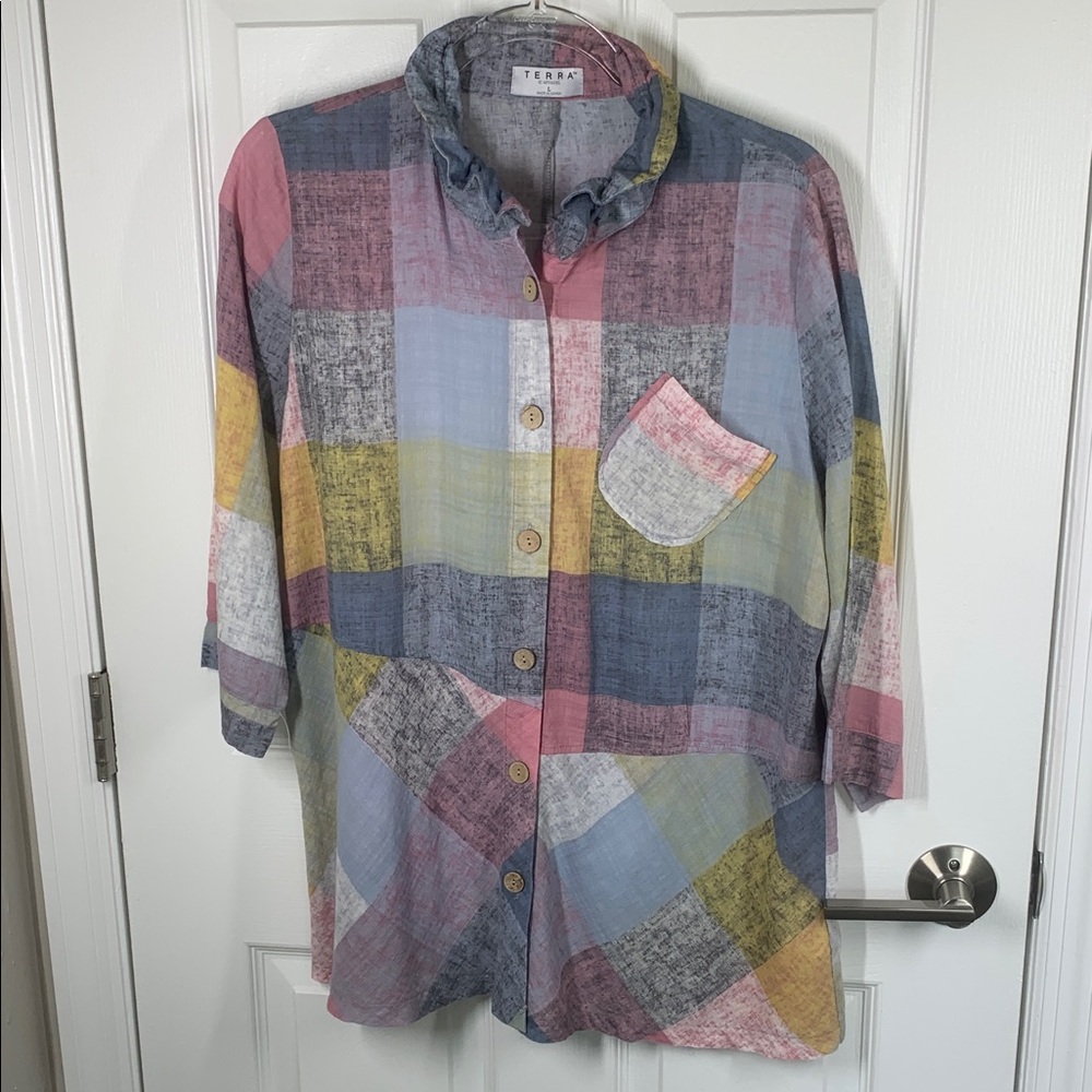 Terra SJ Apparel patchwork plaid shirt with ruffle collar size large